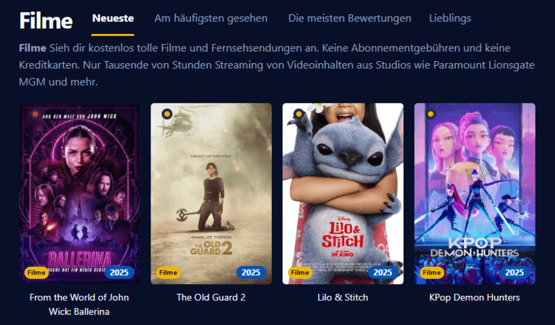 Bildschirmaufnahme der Oberfläche von Einschalten das eine neuzeitliche Streaming Seite mit Filmen und Serien zeigt